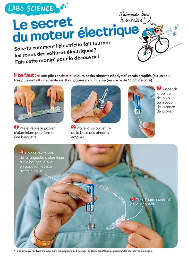 Labo science : Le secret du moteur électrique, Images Doc n°430, octobre 2024. Photos : Rebecca Josset. Illustrations : Zelda Zonk.