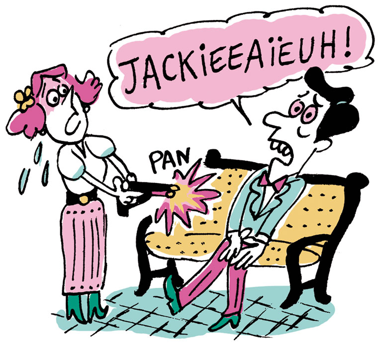 Jackie tire sur Simon Doyle. Elle le regrette aussitôt, et s’effondre, en pleurs. “Le classique sans prise de tête : Mort sur le Nil”, Je bouquine n°483, mai 2024. Illustrations : Marion Puech.