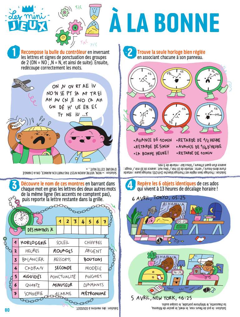 Oups&nbsp;! Dans le n° 279 de mars 2022, les jeux de la page 80 comportent des erreurs. Voici les bonnes solutions&nbsp;! Illustration : Monika Moll.