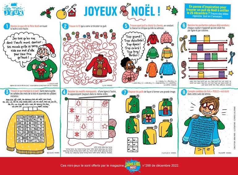 Jeux Joyeux Noël&nbsp;!, J'aime lire Max n°288, décembre 2022. Illustrations&nbsp;: Clémence Lallemand.