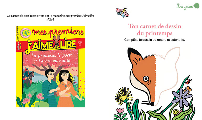 Ton carnet de dessin du printemps + couverture du magazine Mes premiers J'aime lire, n°261, mai 2024. Illustration : Mathilde Bel.