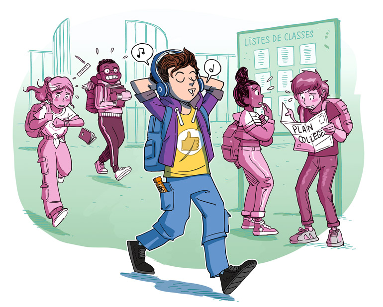 Podcast “Ma vie d'ados” - La rentrée, même pas peur ! Illustration : Romain Ronzeau. Okapi n°1183, 1er septembre 2023.