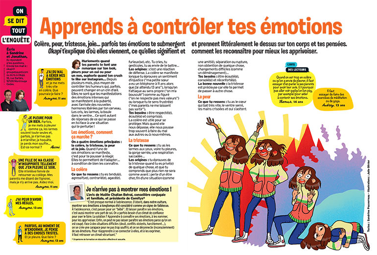Apprends à contrôler tes émotions, article extrait du magazine Okapi n°1168, 15 décembre 2022. Illustrations : Julie Olivier et Yannick Robert.
