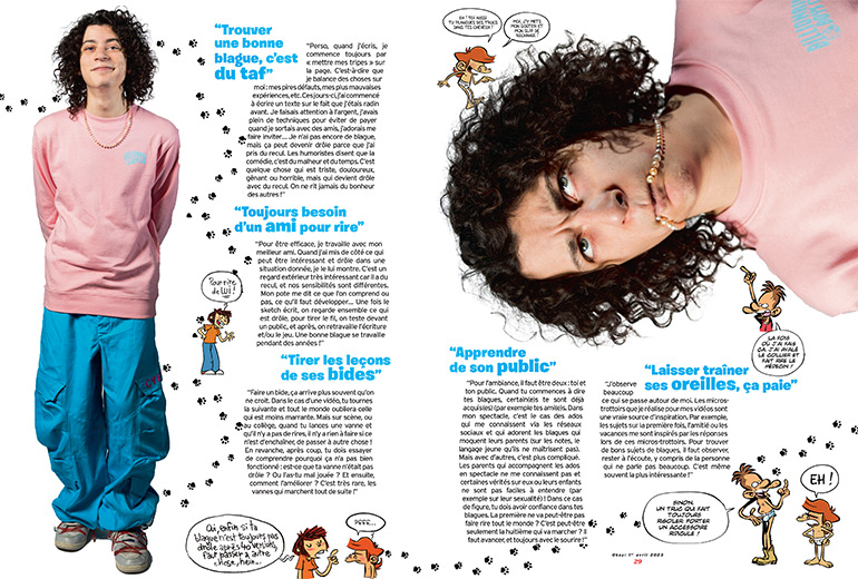 Trouver un bonne blague, c'est du taf ! Article extrait du magazine Okapi n°1175, 1er avril 2023. Photo : Bertrand Desprez. Illustration : Giovanni Jouzeau.