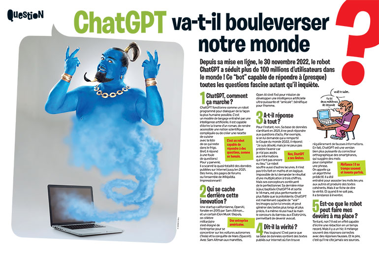 ChatGPT va-t-il bouleverser notre monde ? Article extrait du magazine Okapi n°1177, 1er mai 2023. © Illustration : Manu Boisteau.