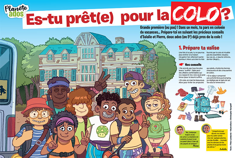 Es-tu prêt(e) pour la colo ? Article extrait du magazine Okapi n°1180, 15 juin 2023. Illustration : Christopher Ganglof.