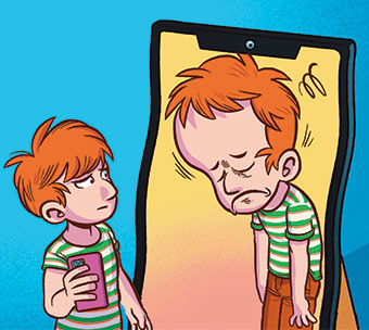 Derrière l’écran, on n’expérimente pas grand-chose. Ce qui peut déclencher cette sensation de vide. Que se passe-t-il dans ton cerveau quand tu es sur TikTok ?, article extrait du magazine Okapi n°1186, 15 octobre 2023. Illustration : Mouk.