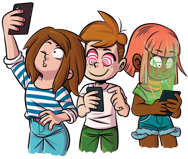 Petit guide de survie sur TikTok. Que se passe-t-il dans ton cerveau quand tu es sur TikTok ?, article extrait du magazine Okapi n°1186, 15 octobre 2023. Illustration : Mouk.