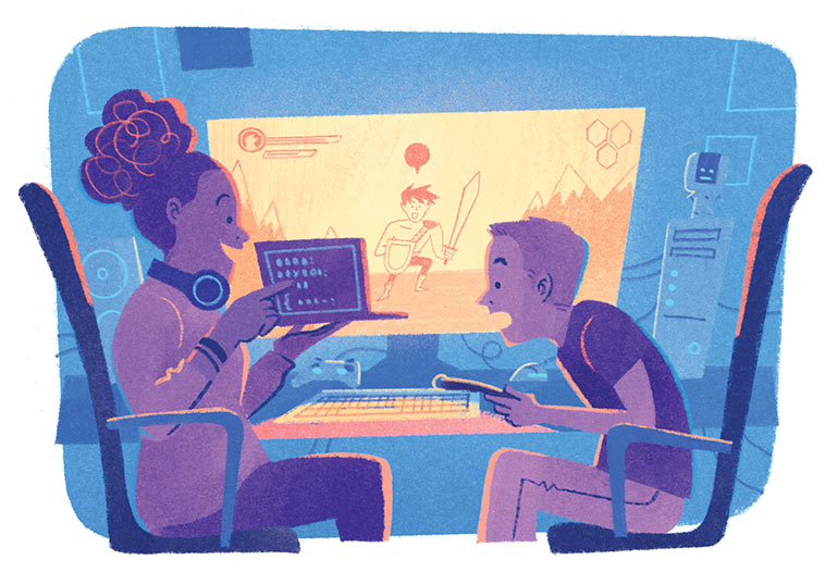 Stage dans une entreprise de jeux vidéo. Ce que mon stage m'a appris, article extrait du magazine Okapi n°1186, 15 octobre 2023. © Illustration : Fachri Maulana.