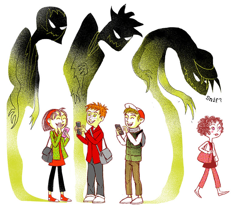 Pour que tout se passe bien dans un groupe de classe, la première règle à suivre est d’inviter tout le monde. Cyberharcelée par un groupe de classe, article extrait du magazine Okapi n°1188, 15 novembre 2023. © Illustration : PrincessH.