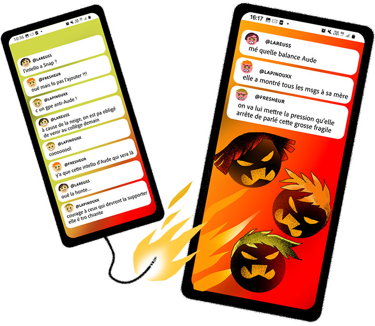 Pour éviter que les groupes Snapchat dérapent, il faut établir ensemble une charte de bonne conduite. Cyberharcelée par un groupe de classe, article extrait du magazine Okapi n°1188, 15 novembre 2023. © Illustration : PrincessH.