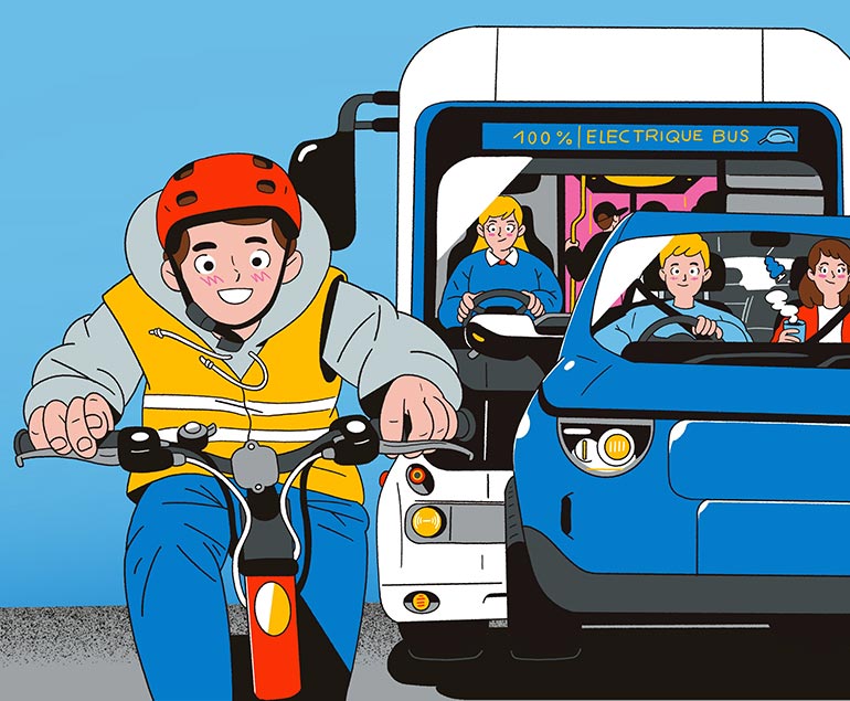 Pour moins polluer, il faut développer les mobilités douces et collectives. Se déplacer sans polluer, article extrait du magazine Okapi n°1189, 1er décembre 2023. Illustrations : Julien Tran Dinh.