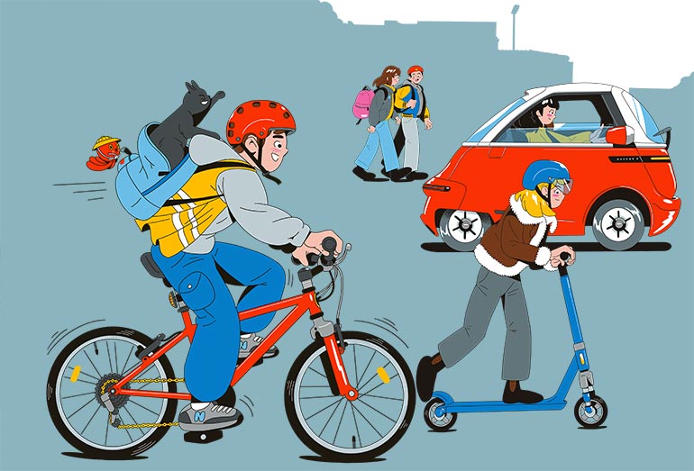 De 1 à 5 km : boycotter la voiture ou le scooter. Se déplacer sans polluer, article extrait du magazine Okapi n°1189, 1er décembre 2023. Illustrations : Julien Tran Dinh.