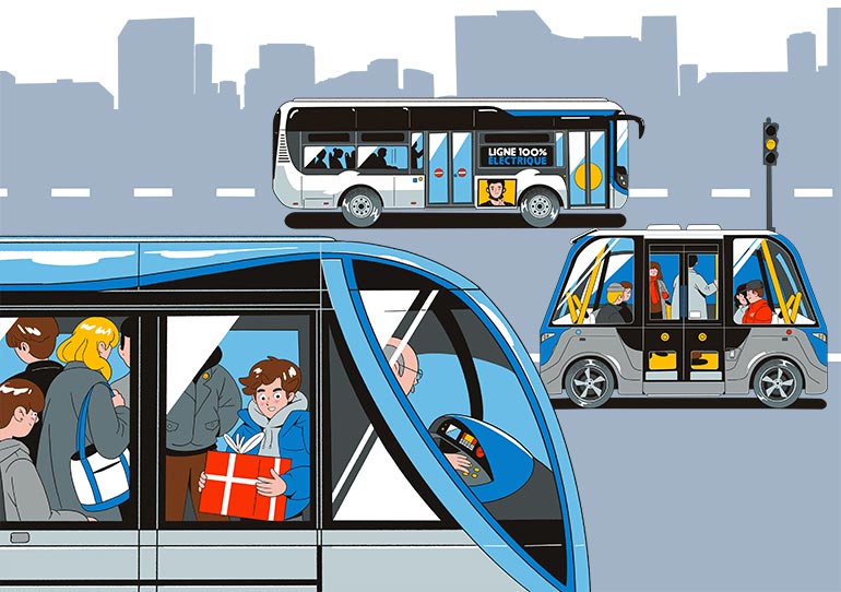 De 5 à 50 km : jamais seul dans une voiture. Se déplacer sans polluer, article extrait du magazine Okapi n°1189, 1er décembre 2023. Illustrations : Julien Tran Dinh.