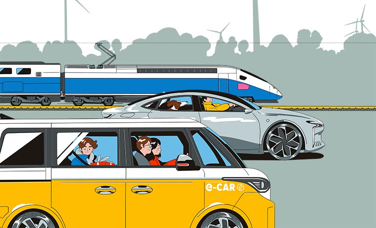 Plus de 50 km : on fait des choix responsables ! Se déplacer sans polluer, article extrait du magazine Okapi n°1189, 1er décembre 2023. Illustrations : Julien Tran Dinh.