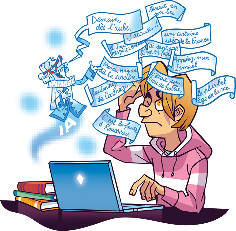 S'aider de ChatGPT pour faire ses devoirs. Ton année 2024 avec l'intelligence artificielle, article extrait du magazine Okapi n°1191, 1er janvier 2024. Illustrations : Guillaume Decaux.