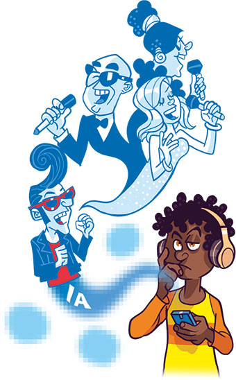 Écouter de la musique générée par l'IA. Ton année 2024 avec l'intelligence artificielle, article extrait du magazine Okapi n°1191, 1er janvier 2024. Illustrations : Guillaume Decaux.