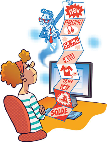 Les algorithmes incitent à acheter davantage. Ton année 2024 avec l'intelligence artificielle, article extrait du magazine Okapi n°1191, 1er janvier 2024. Illustrations : Guillaume Decaux.
