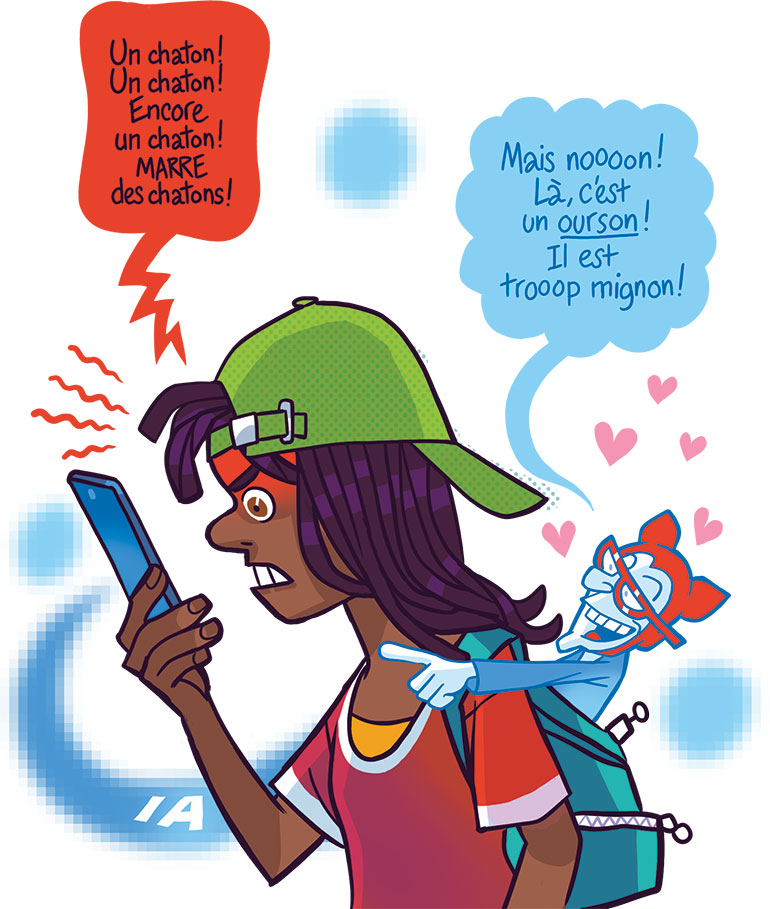 C’est l'IA qui gère les réseaux sociaux. Ton année 2024 avec l'intelligence artificielle, article extrait du magazine Okapi n°1191, 1er janvier 2024. Illustrations : Guillaume Decaux.