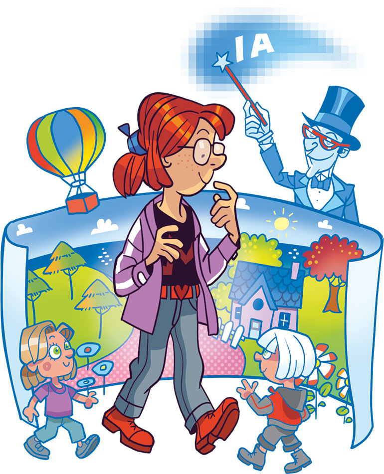 Dans les nouveaux jeux vidéo, il est possible de discuter avec des personnages gérés par une IA. Ton année 2024 avec l'intelligence artificielle, article extrait du magazine Okapi n°1191, 1er janvier 2024. Illustrations : Guillaume Decaux.