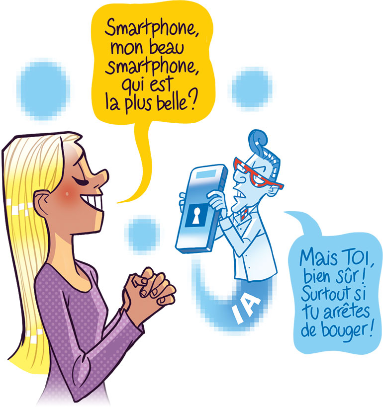 Attention avec la reconnaissance faciale, certaines IA peuvent être trompées par une simple photo. Ton année 2024 avec l'intelligence artificielle, article extrait du magazine Okapi n°1191, 1er janvier 2024. Illustrations : Guillaume Decaux.