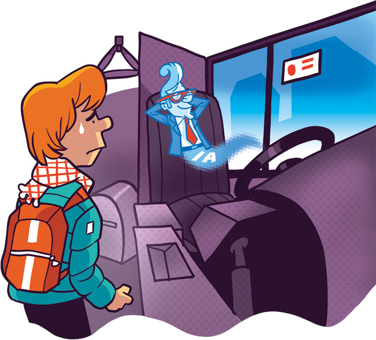 Dans le Val-de-Marne, mise en service du premier bus entièrement piloté par l’IA sur une ligne classique. Ton année 2024 avec l'intelligence artificielle, article extrait du magazine Okapi n°1191, 1er janvier 2024. Illustrations : Guillaume Decaux.