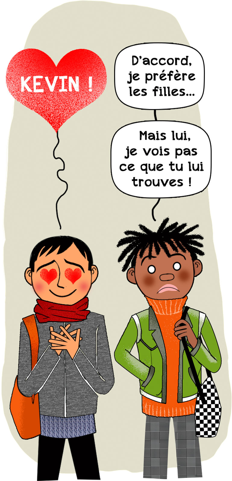 Cela reste très compliqué de parler à ses copains de son homosexualité. C’est quoi, être un garçon ?, article extrait du magazine Okapi n°1195, 1er mars 2024. Illustration : PrincessH.
