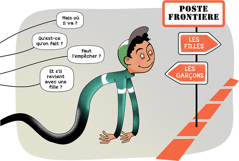 L'adolescence est un âge où l'on se construit, notamment en allant vers nos pairs. C’est quoi, être un garçon ?, article extrait du magazine Okapi n°1195, 1er mars 2024. Illustration : PrincessH.