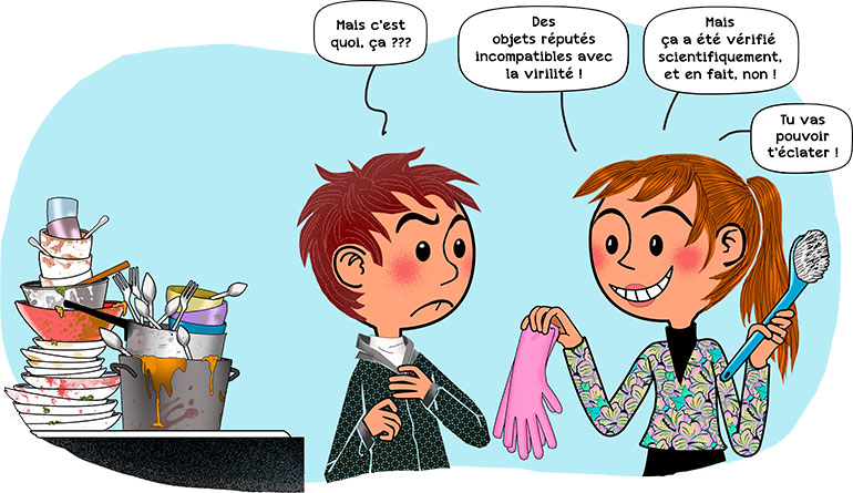 La plupart des garçons trouvent désormais normal de participer aux tâches ménagères. C’est quoi, être un garçon ?, article extrait du magazine Okapi n°1195, 1er mars 2024. Illustration : PrincessH.