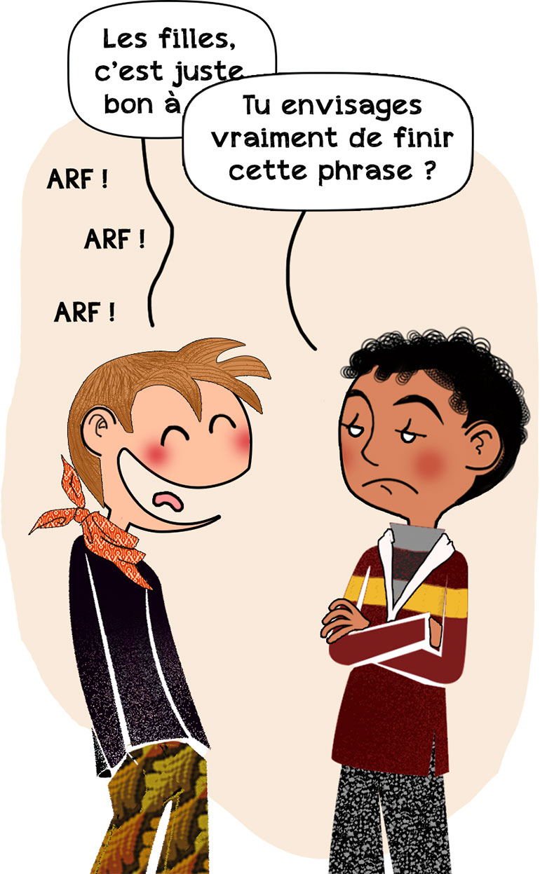 Les garçons qui osent s'opposer quand des copains parlent mal des filles sont encore rares. C’est quoi, être un garçon ?, article extrait du magazine Okapi n°1195, 1er mars 2024. Illustration : PrincessH.
