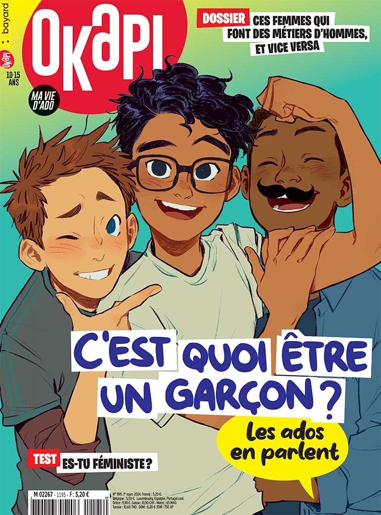 Couverture du magazine Okapi n°1195, 1er mars 2024. C'est quoi, être un garçon ?