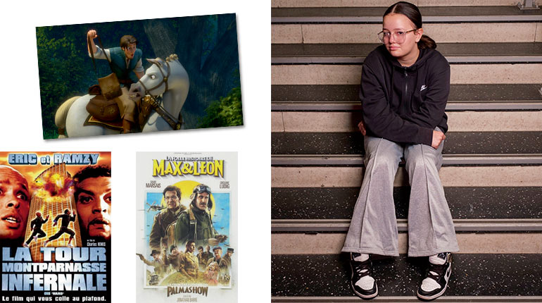 Mélissa et les films : Raiponce, La Tour Montparnasse infernale, La Folle Histoire de Max et Léon. Quel film te fait le plus rire ?, article extrait du magazine Okapi n°1197, 1er avril 2024. Photo : Gilles Leimdorfer - scène de film : YouTube.
