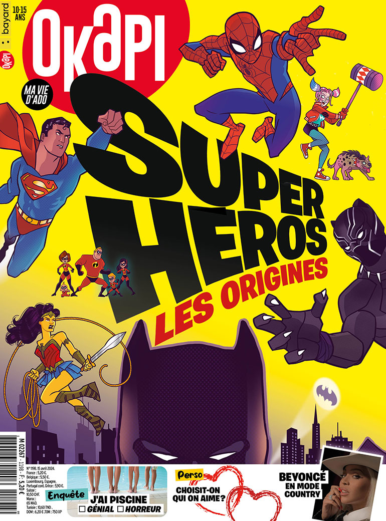Couverture du magazine Okapi n°1198, 15 avril 2024. Les super-héros, les origines.