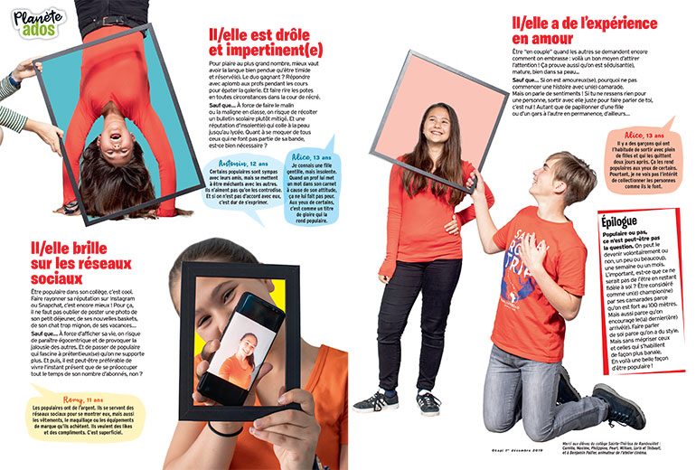 “C’est quoi, être populaire ?”, Okapi n°1101, 1er décembre 2019. Texte : Christine Lamiable. Photos : Gilles Leimdorfer.