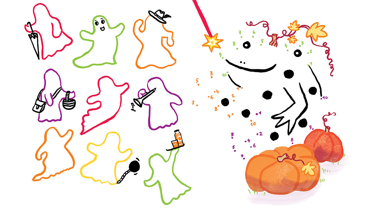 Coloriages et jeux : la maison des frissons. Pomme d’Api n°681, novembre 2022. Conception et texte : Marie-Pascale Nicolas-Cocagne. Illustrations : Magali Bardos.