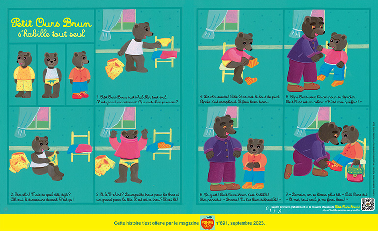 Petit Ours Brun s’habille tout seul, Pomme d'Api n°691, septembre 2023. Illustration : Danièle Bour. Couleurs : Céline Bour.