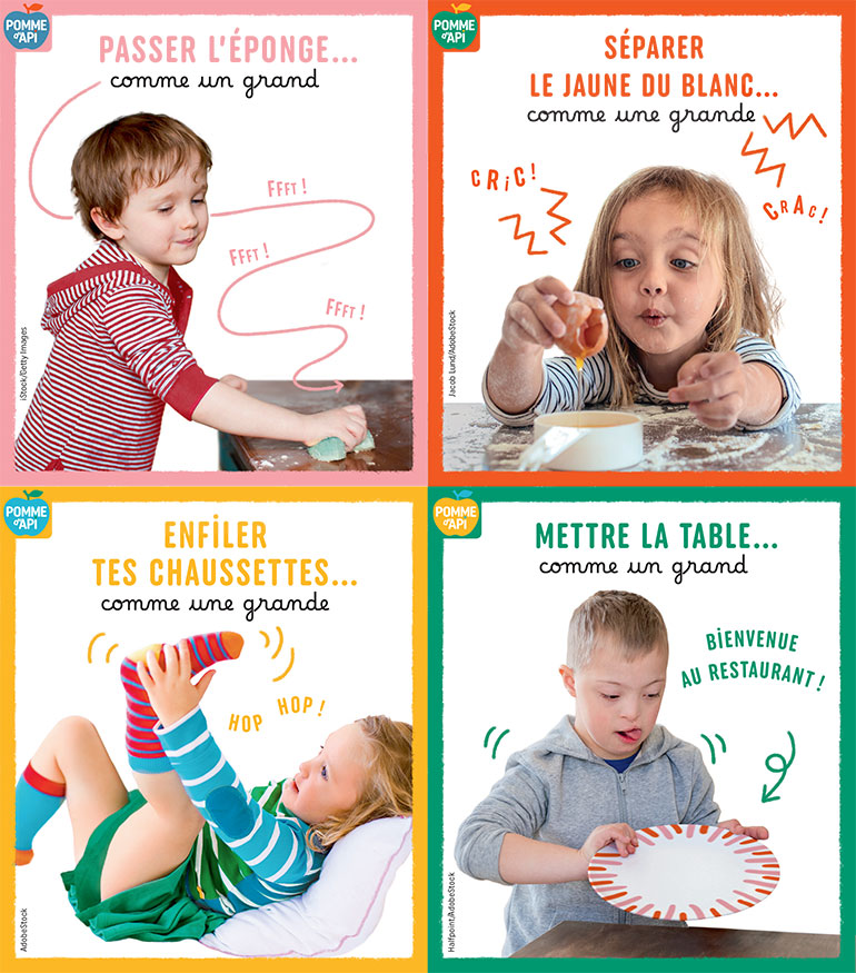 Passer l'éponge, séparer le jaune du blanc, enfiler des chaussettes, mettre la table : des “Cartes autonomie” pour faire tout seul comme un grand, avec Pomme d'Api n°695, janvier 2024.