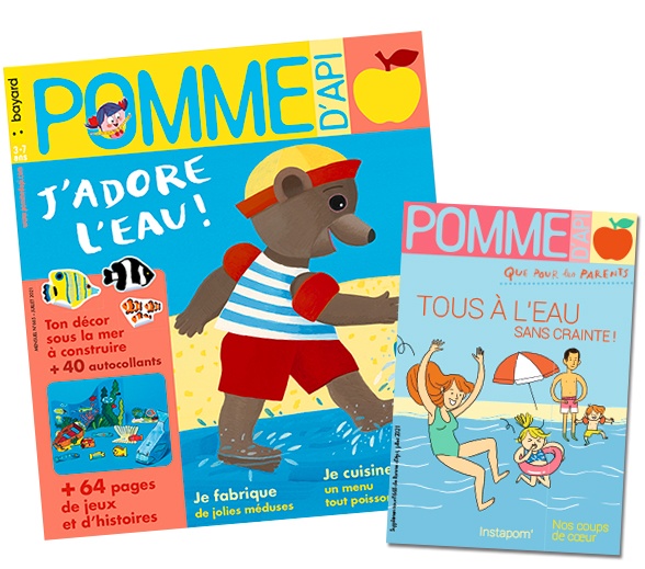 Couverture du magazine Pomme d'Api, n°665, juillet 2021 et son supplément pour les parents : “Tous à l'eau sans crainte !”