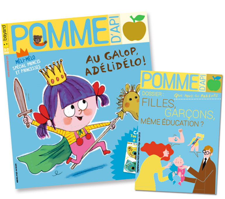 “Filles-garçons, même éducation ?”, supplément pour les parents du magazine Pomme d’Api, mars 2018. Texte : Anne Bideault. Illustrations : Séverine Assous.