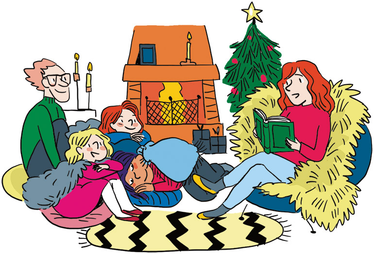 Raconter ou écouter une histoire de Noël pour finir en douceur la soirée - Illustrations : Clotka. Supplément au n°610 de Pomme d'Api.