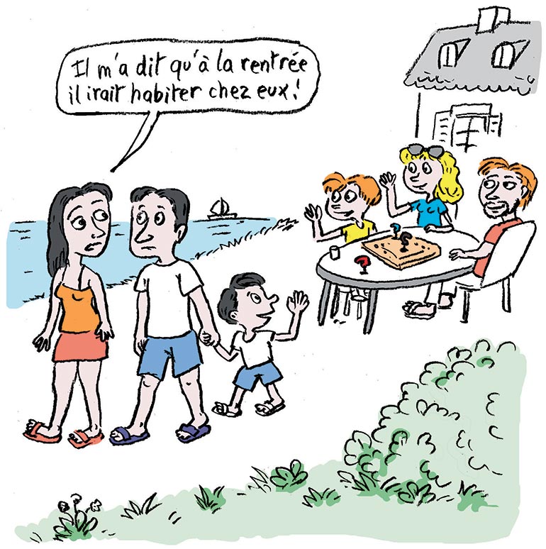 “Vacances en tribu : les sujets qui fâchent !”, supplément pour les parents du magazine Pomme d’Api n°654, août 2020. Illustrations : Muzo.