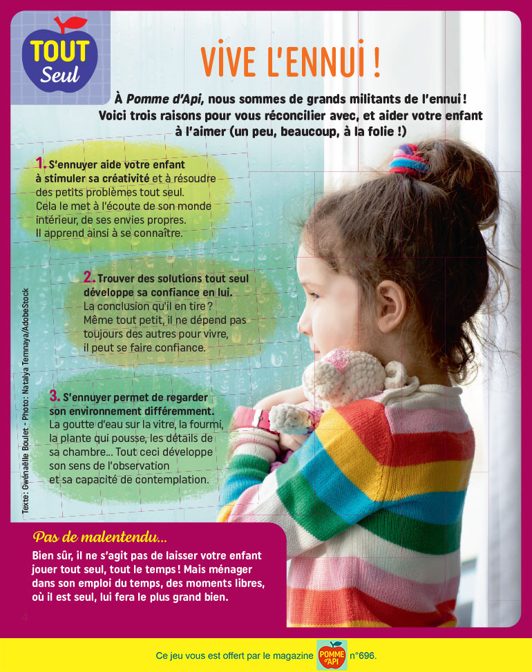 Vive l'ennui !, extrait du supplément pour les parents du magazine Pomme d'Api n°696, février 2024. Photo : Natalya Temnaya/AdobeStock.