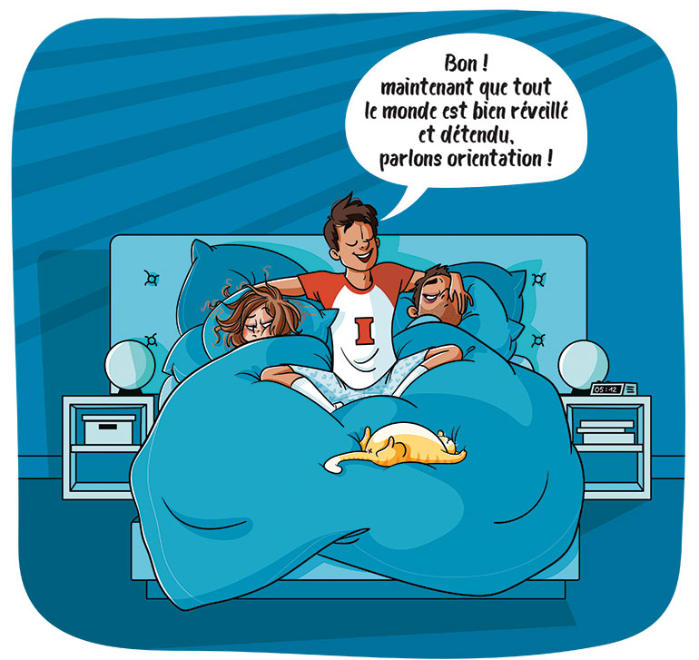 Pour parler orientation, il est préférable de se lancer le week-end, au moment où tout le monde est dispo et détendu. Discute orientation avec tes parents… sans fights, article extrait du magazine Phosphore n°569, 1er février 2024. Illustration : Nathalie Jomard.
