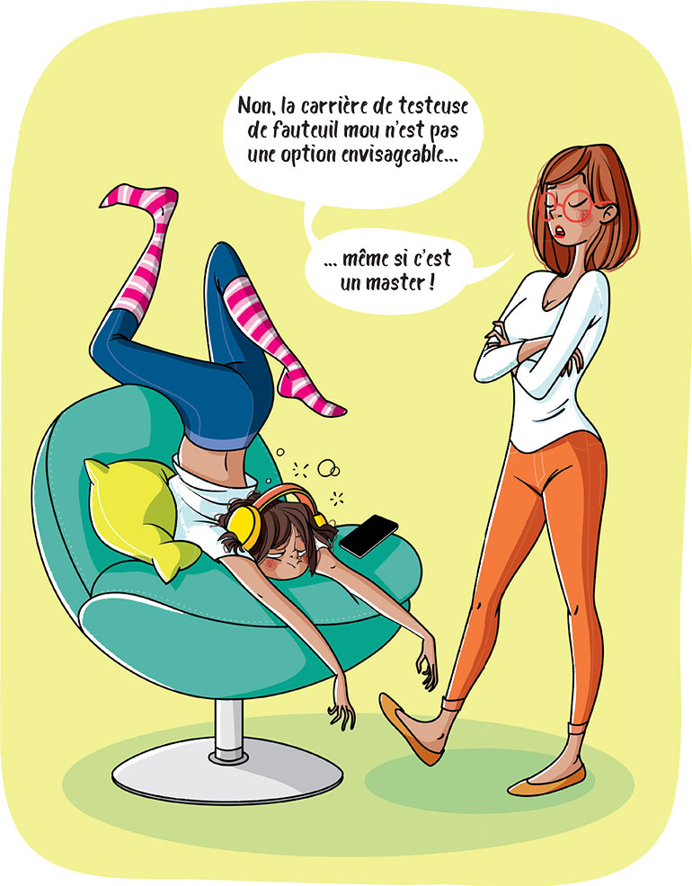 Si tes parents s'opposent à ton choix, prouve-leur programmes à l'appui que ce n’est pas une lubie. Discute orientation avec tes parents… sans fights, article extrait du magazine Phosphore n°569, 1er février 2024. Illustration : Nathalie Jomard.