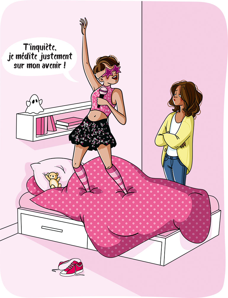 Pour être rassurés, tes parents ont besoin de constater que tu te soucies de ton avenir, et que ta réflexion avance. Discute orientation avec tes parents… sans fights, article extrait du magazine Phosphore n°569, 1er février 2024. Illustration : Nathalie Jomard.