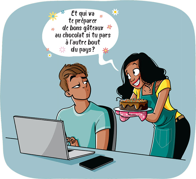 Si tes parents veulent te garder auprès d'eux, explique-leur qu'élargir ta zone géographique augmente tes chances. Discute orientation avec tes parents… sans fights, article extrait du magazine Phosphore n°569, 1er février 2024. Illustration : Nathalie Jomard.