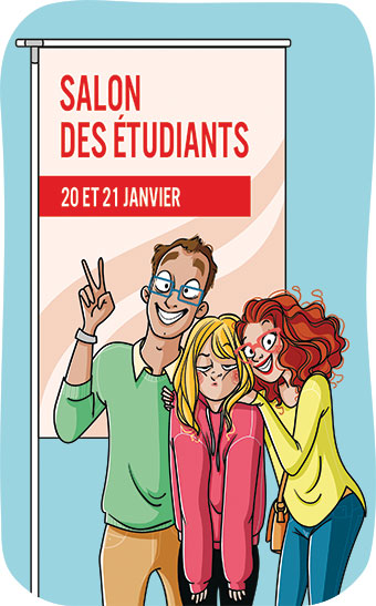 Si tes parents te collent pendant les salons étudiants, fais un deal : tu y vas seul.e mais tu rapporte des brochures. Discute orientation avec tes parents… sans fights, article extrait du magazine Phosphore n°569, 1er février 2024. Illustration : Nathalie Jomard.