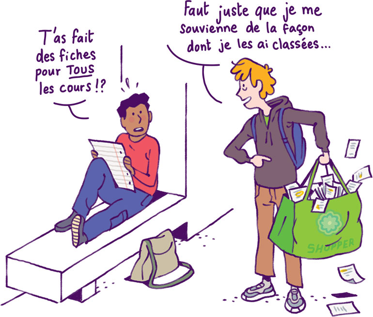 Faire des fiches en recopiant le cours n’est pas une activité qui fait correctement apprendre. Mémoire, le vrai du faux, article extrait du magazine Phosphore n°575, 1er mai 2024. Illustration : Quentin Vijoux.