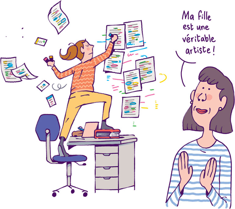 Surligner est une activité trop superficielle pour être efficace. Mémoire, le vrai du faux, article extrait du magazine Phosphore n°575, 1er mai 2024. Illustration : Quentin Vijoux.