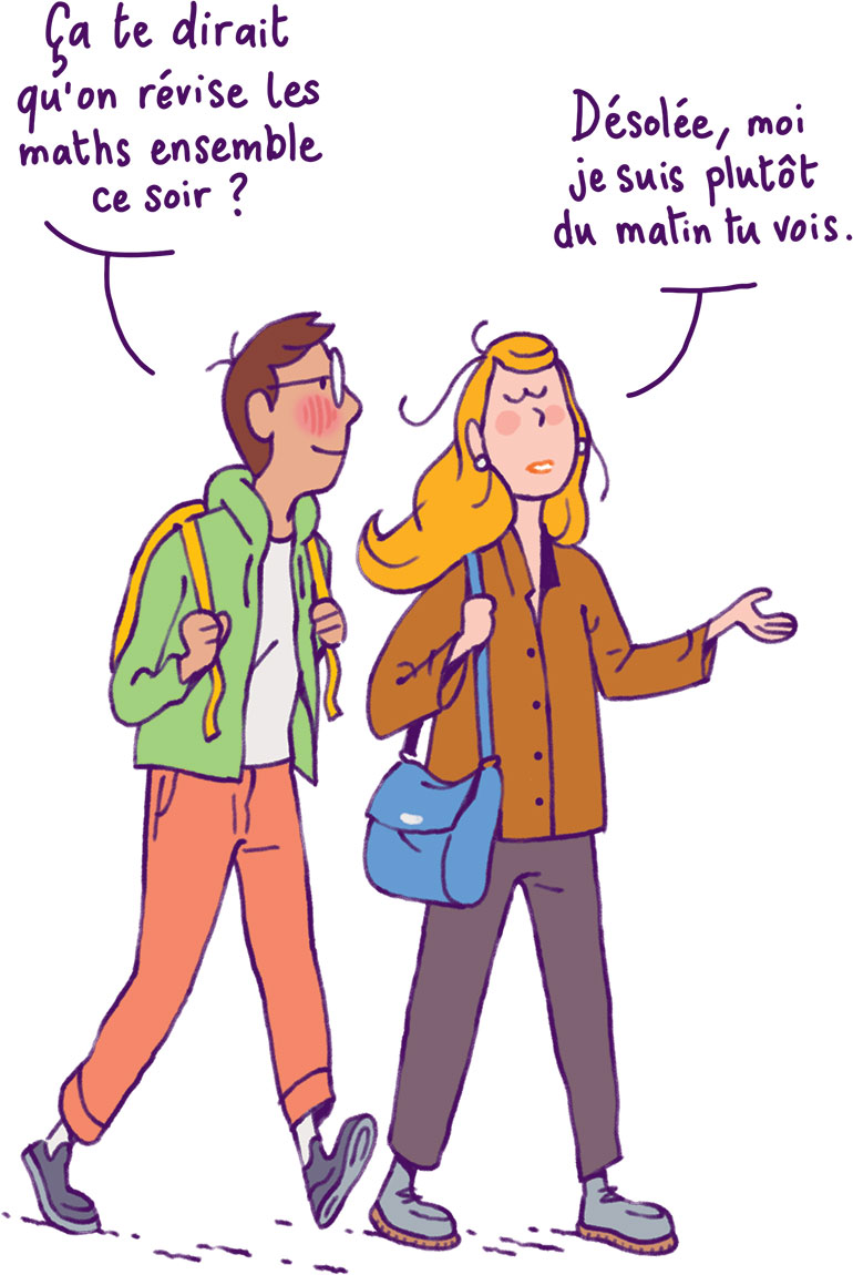 La science a découvert qu’il existe véritablement deux “chronotypes” dans la population : les gens du matin, et ceux du soir ! Mémoire, le vrai du faux, article extrait du magazine Phosphore n°575, 1er mai 2024. Illustration : Quentin Vijoux.